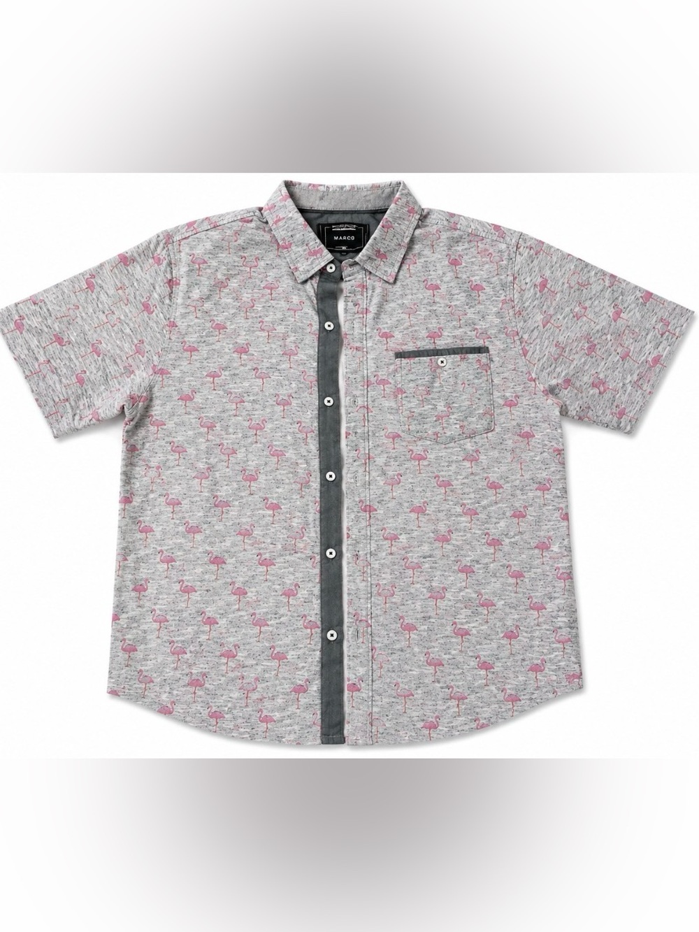 Modern Culture 100% Cotton Gray  button down shirt w Pink Flamingos Size XL